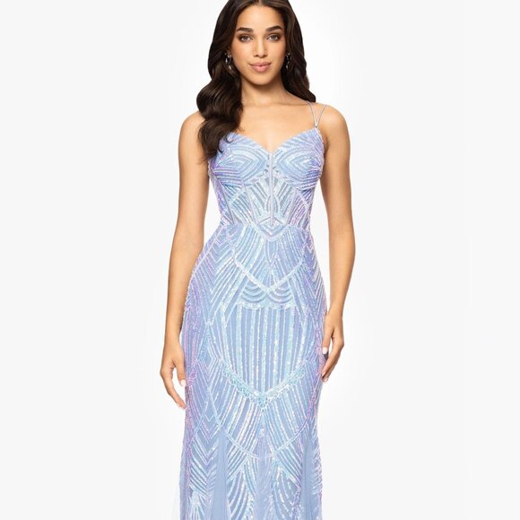 Blondie Nites Juniors' Sequin-Mesh Floor-Sweeping Corset Gown Ice Blue Size 3 - Picture 1 of 6